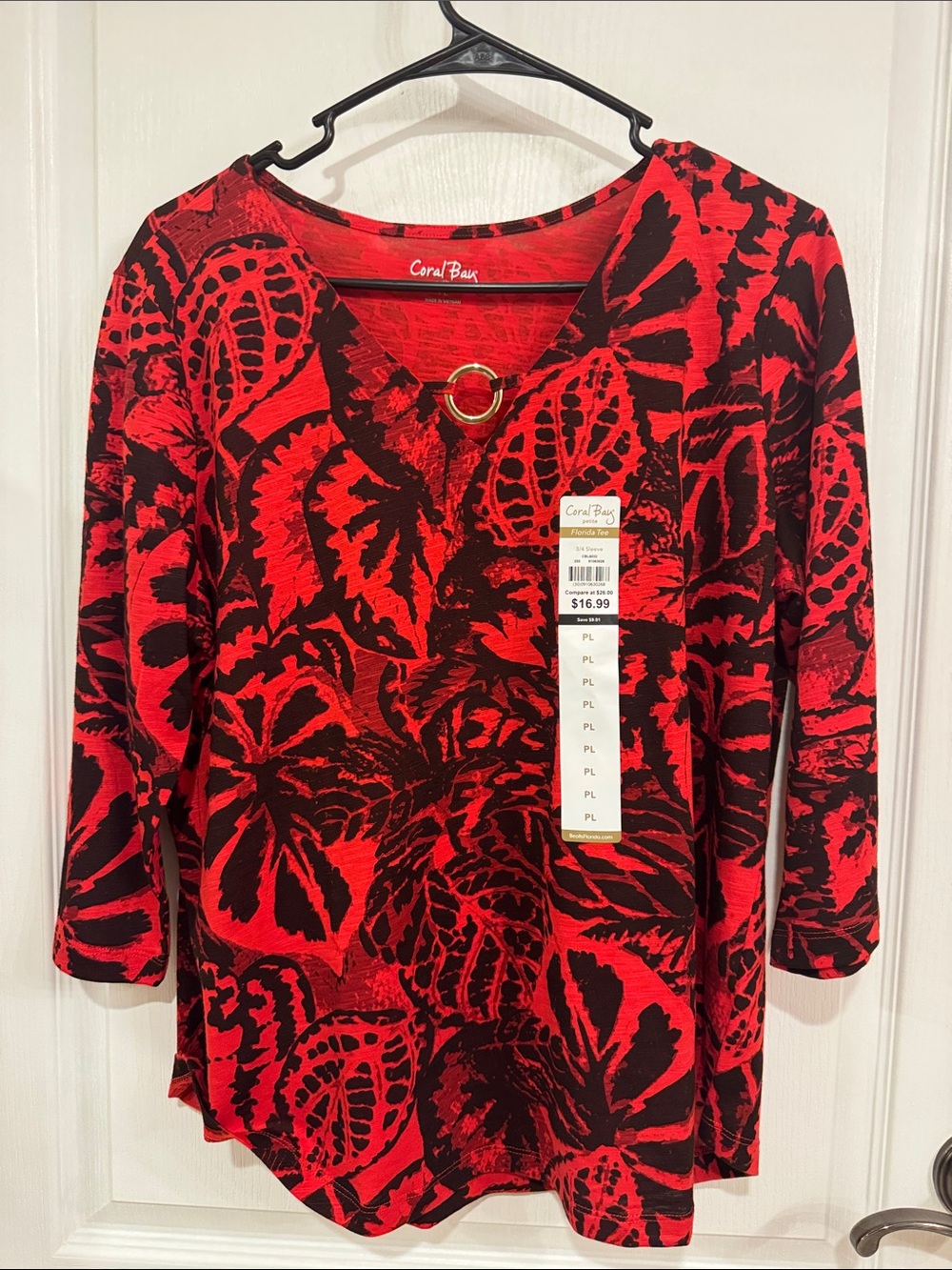 Coral Bay Red & Black V-Neck Floral Ring-Accent Top